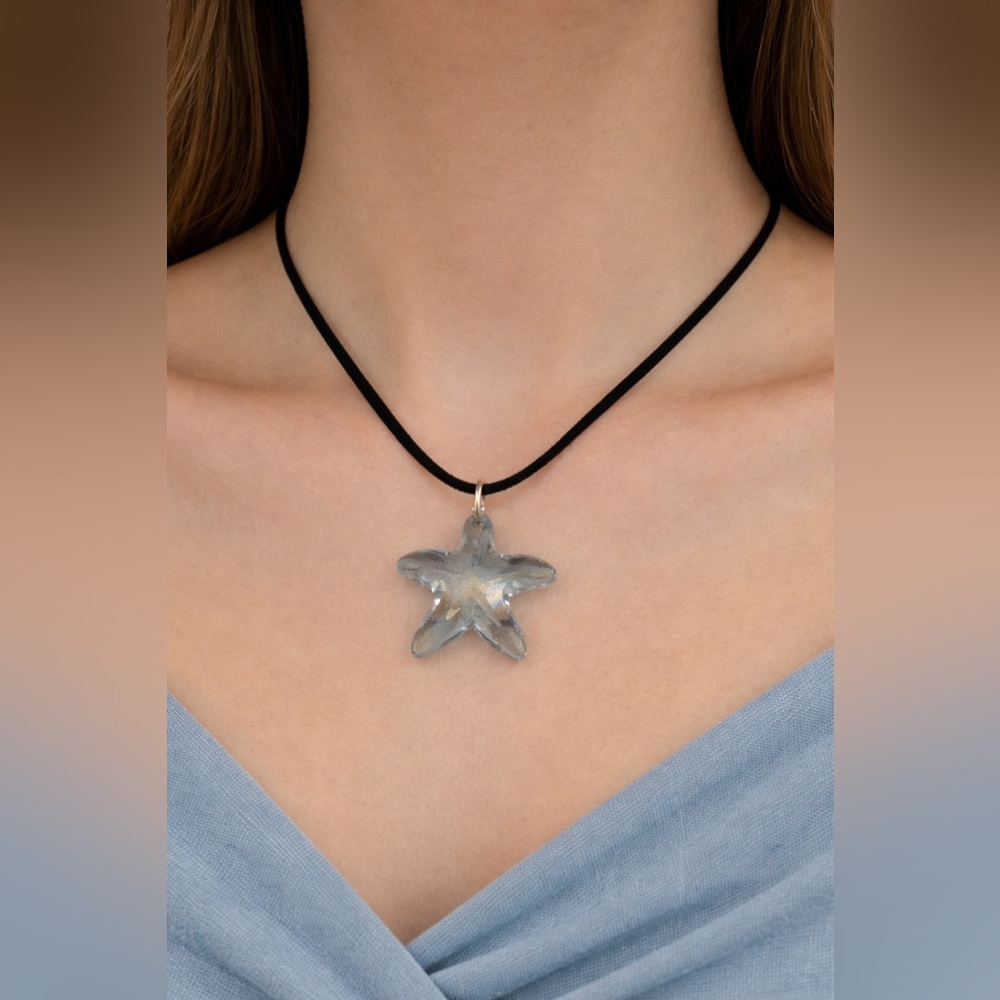 Crystal Starfish Pendant Necklace in Leather & Silver Cord